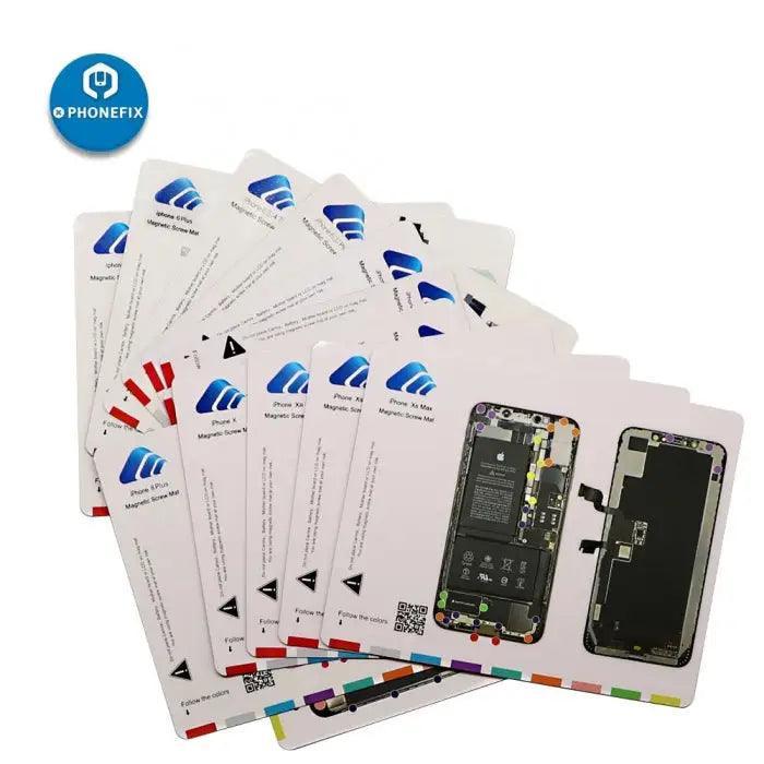 Magnetic screw mat for iPhone 6 to 15 Pro Max disassembly, Soldering Mat by PHONEFIX, with magnetic compartments for screws.