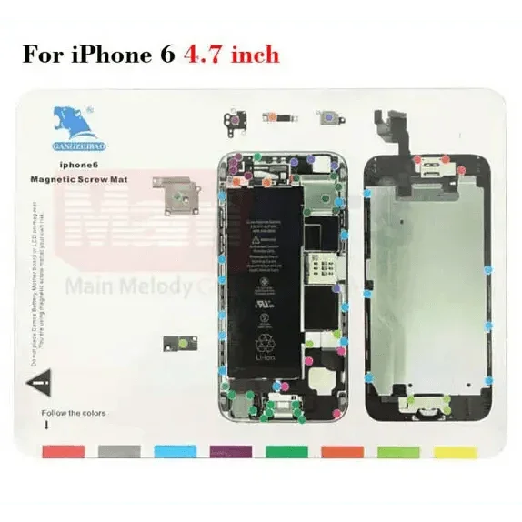 Magnetic screw mat for iPhone 6-15 Pro Max disassembly, PHONEFIX soldering pad with magnetic screw compartments for phone repair.