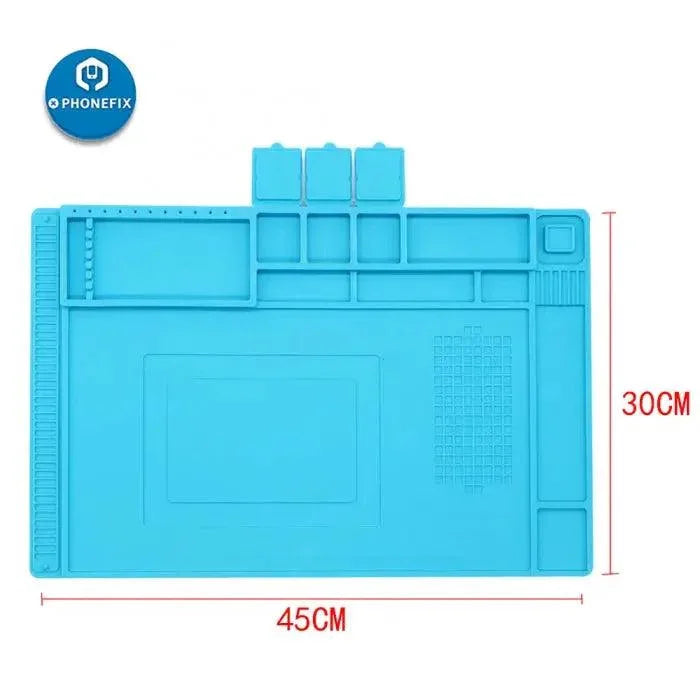 PhoneFIX multi-function silicone soldering mat for phone PCB repair, heat-resistant platform for precise soldering and electronics work.