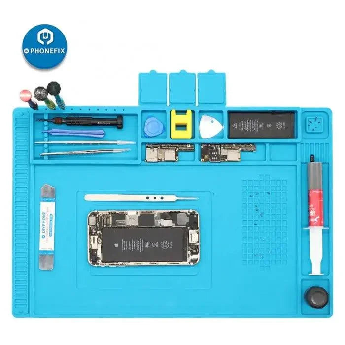PHONEFIX multi-function silicone soldering mat for phone PCB repair, heat-resistant platform for precise soldering and component placement.