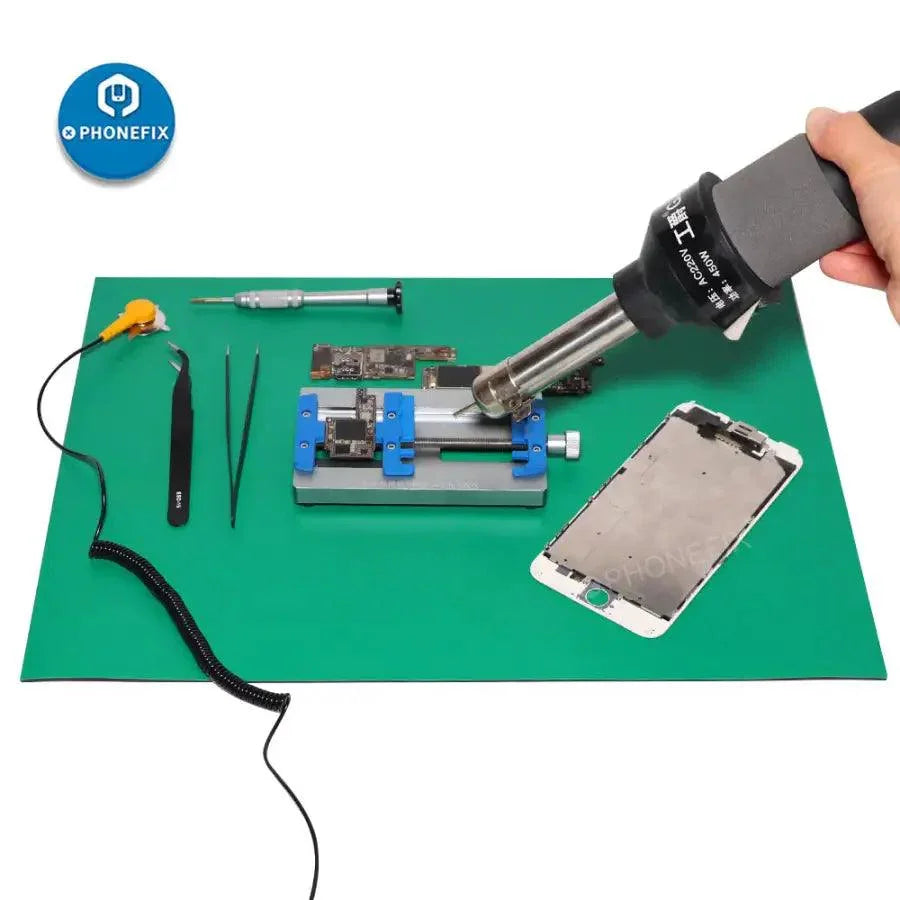 PhoneFix anti-static soldering repair mat with ground wire and ESD wrist, 47cm by 23cm for safe electronic soldering work.