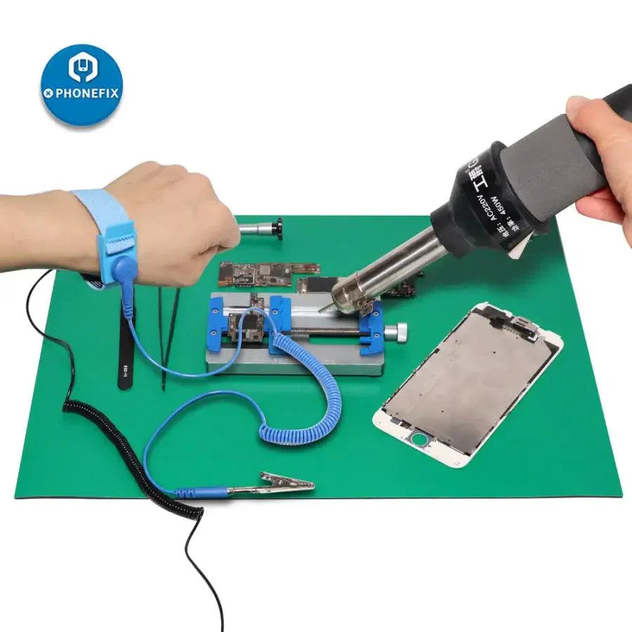 PhoneFIX anti-static soldering repair mat with ground wire and ESD wrist for safe electronics soldering and repair.