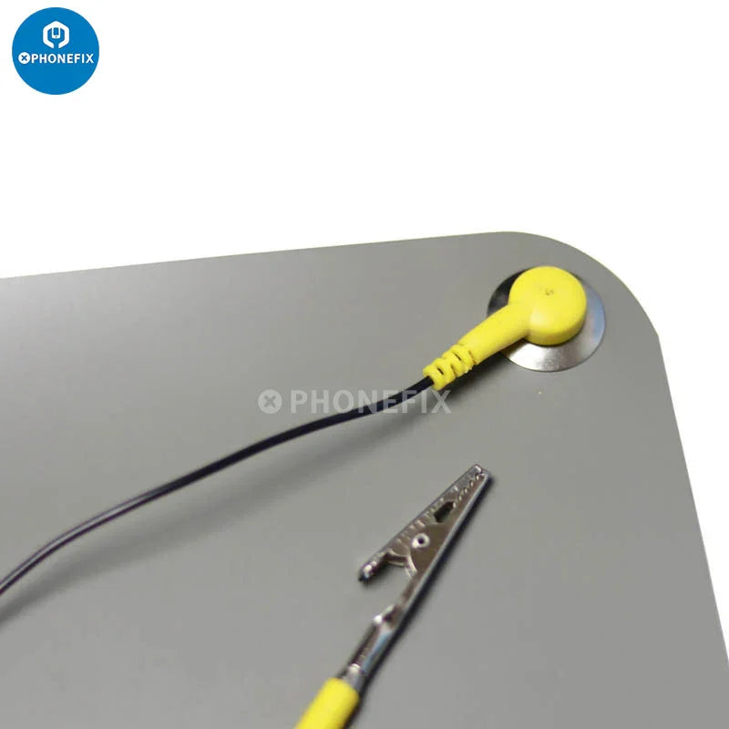 PHONEFIX anti-static soldering repair mat with ground wire and ESD wrist strap, 47cm by 23cm for electronics soldering and repairs.