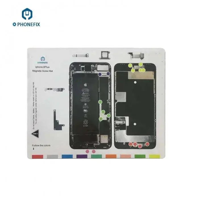 Magnetic screw mat technician disassembly pad for iPhone 8 to iPhone 14 Pro Max by PHONEFIX, used for phone repair and component placement.