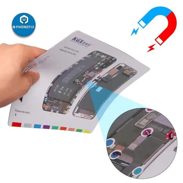 PhoneFix magnetic screw mat for iPhone 8 to 14 Pro Max, soldering disassembly pad with magnetic screw organization for technicians.