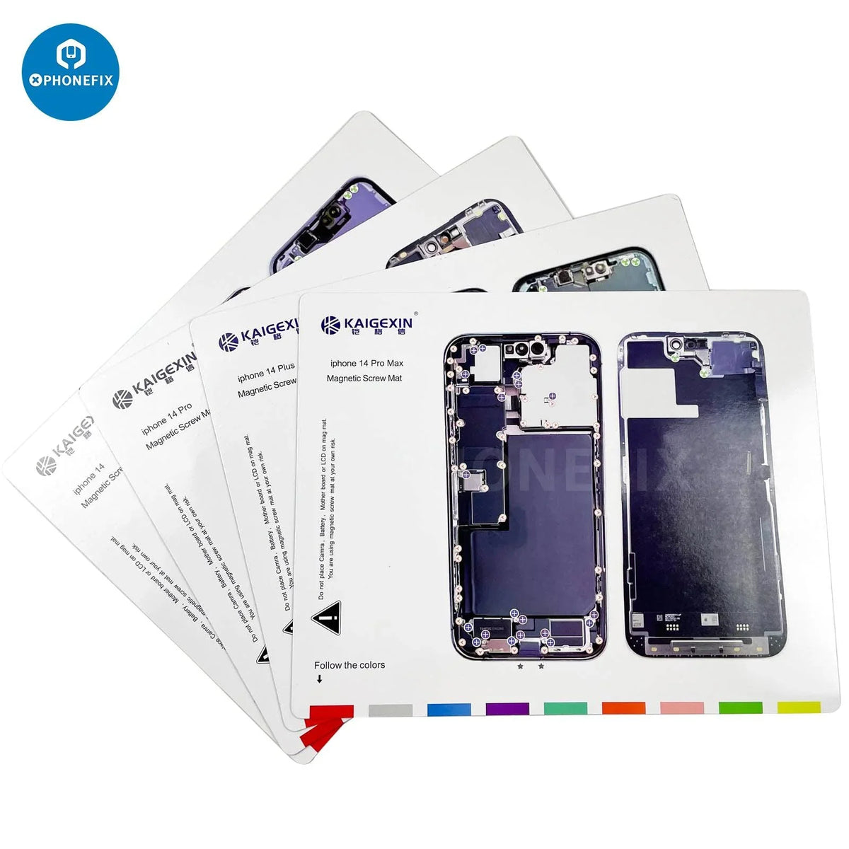 PhoneFix magnetic screw mat and disassembly pad for iPhone 8 to iPhone 14 Pro Max, used by technicians for repairs.