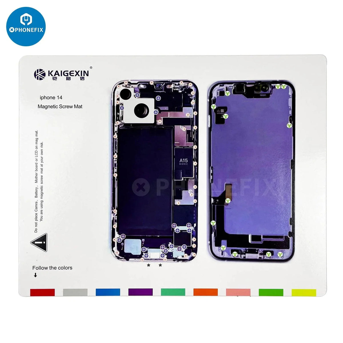 PhoneFix magnetic screw mat for iPhone 8 to 14 Pro Max, technician disassembly pad with magnetic screw holder for electronics repair.