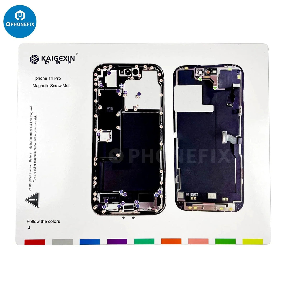 PhoneFix magnetic screw mat for iPhone 8 to 14 Pro Max disassembly, a soldering pad with magnetic screw holders for technicians.