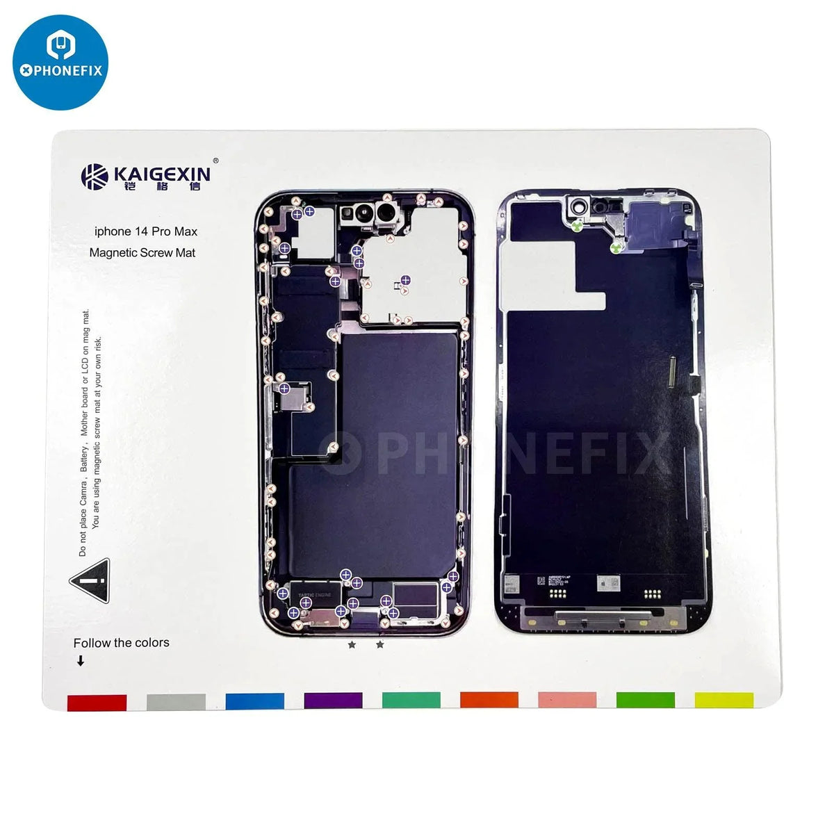 PhoneFix magnetic screw mat for iPhone 8 to 14 Pro Max, technician disassembly soldering pad with magnetic sections.