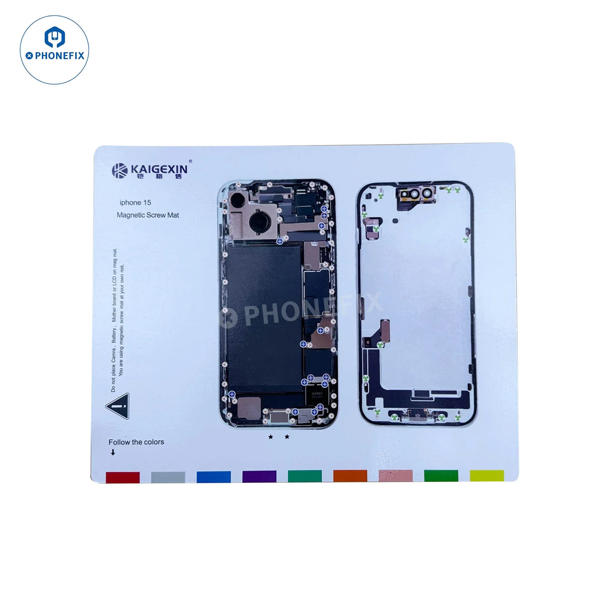 Magnetic screw mat for iPhone 8-14 Pro Max, PHONEFIX technician disassembly pad with magnetic sections for iPhone repair.