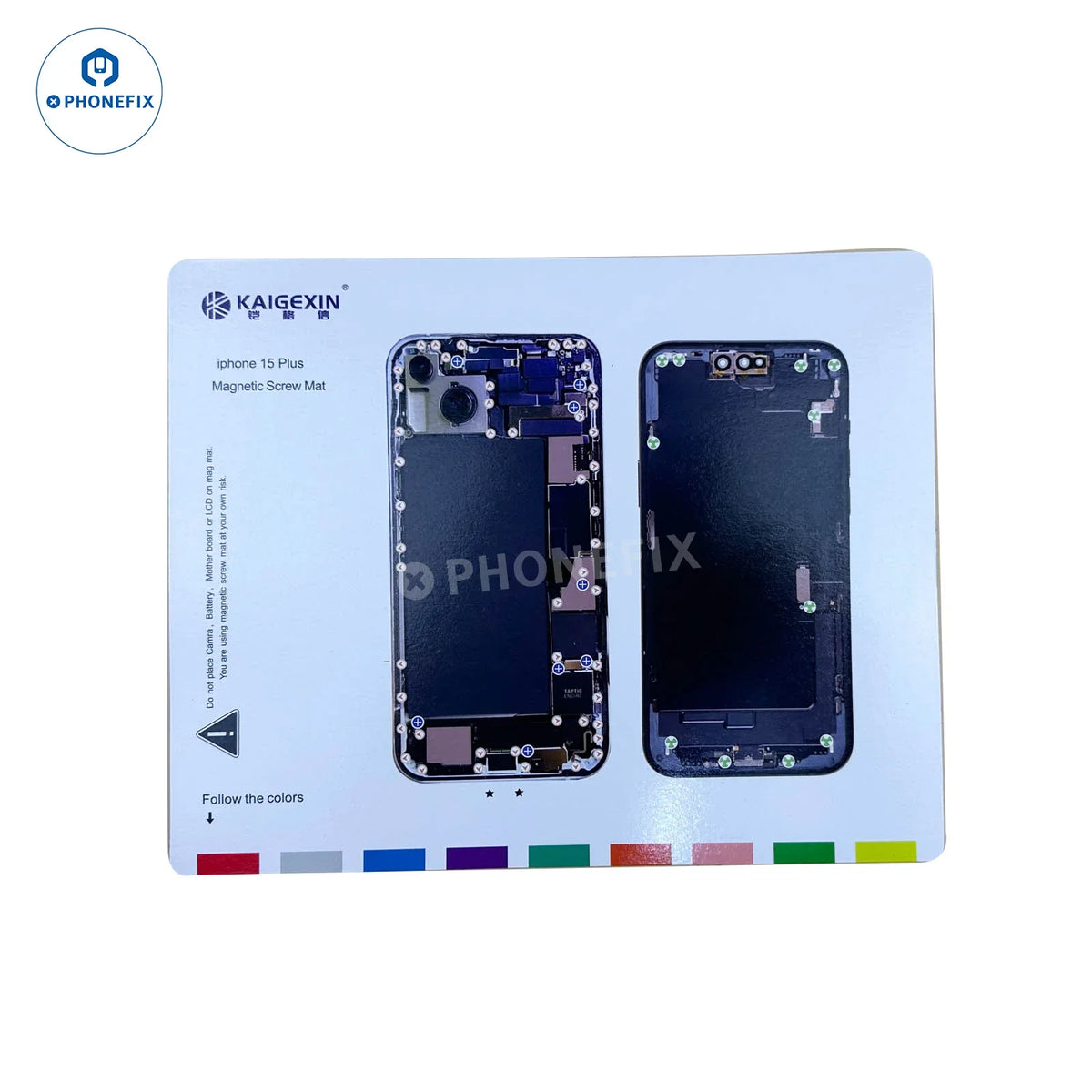 Magnetic screw mat for iPhone 8 to 14 Pro Max by PHONEFIX, featuring a soldering pad for technician disassembly work.