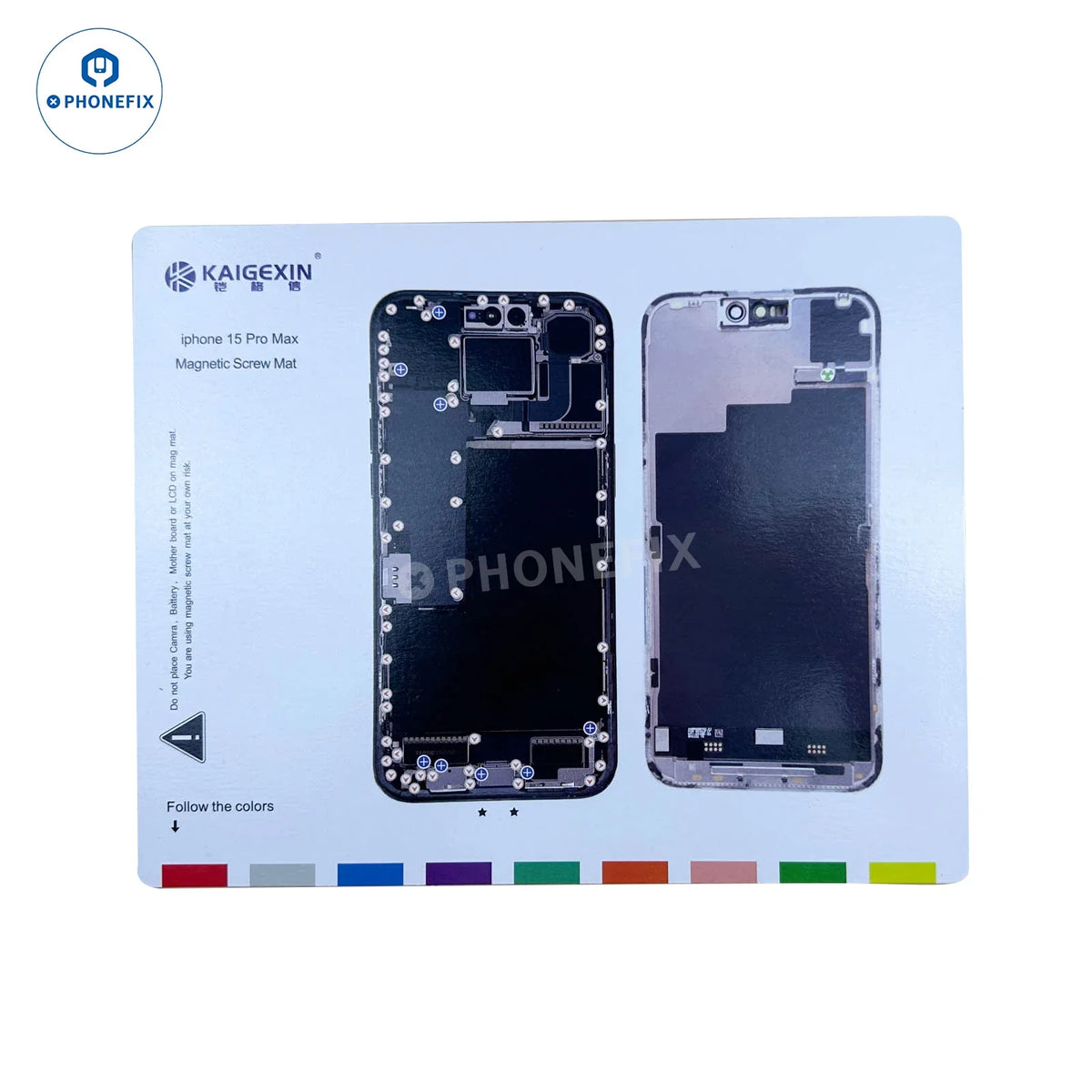 Magnetic screw mat for iPhone 8-14 Pro Max by PHONEFIX, flexible soldering disassembly pad with magnetic screw compartments.