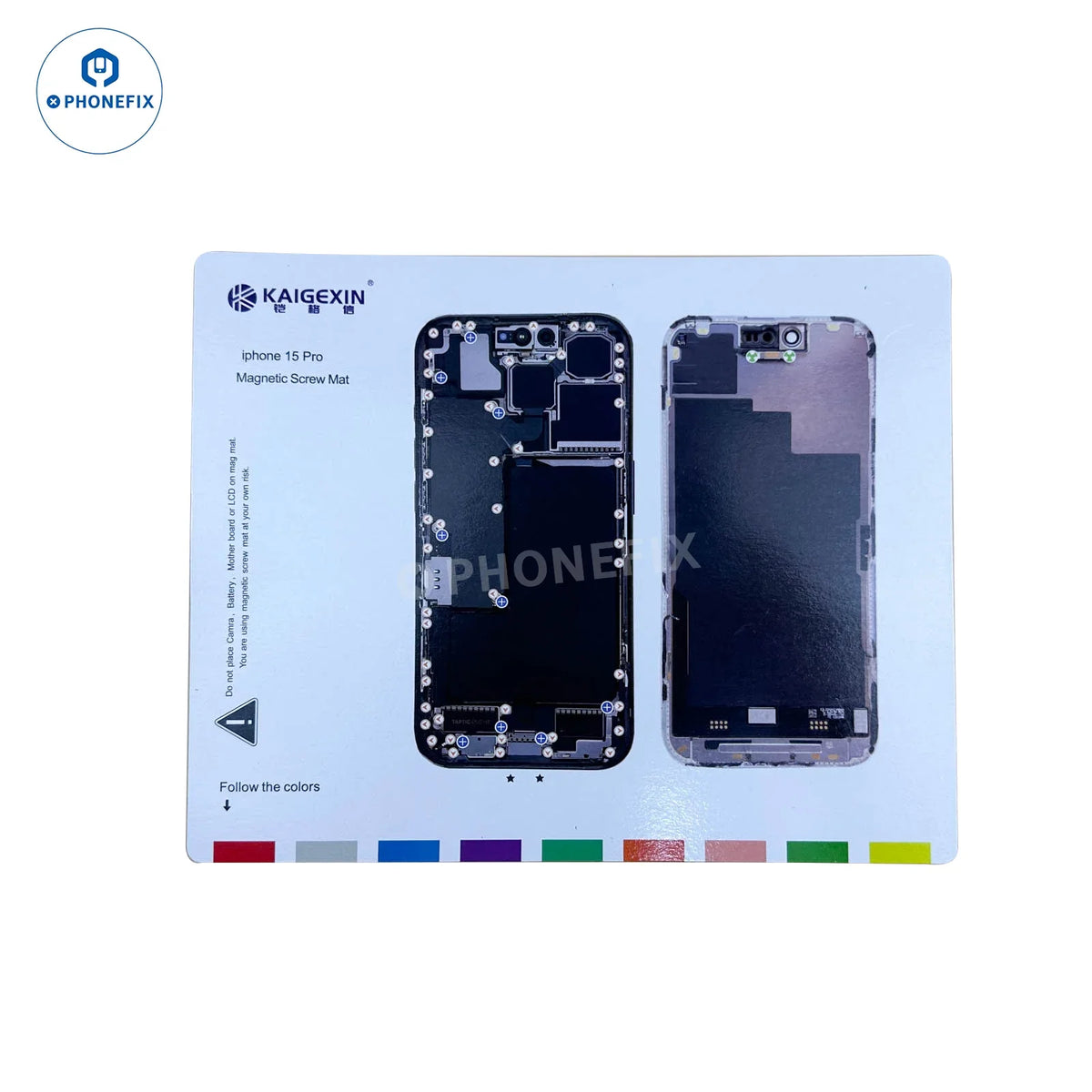 PHONEFIX magnetic screw mat for iPhone 8 to 14 Pro Max, flexible soldering pad with magnetic compartments for technician disassembly.