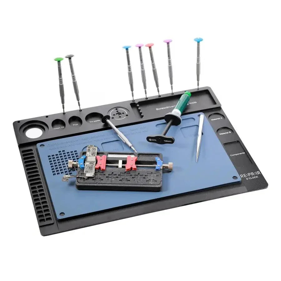 Aluminium alloy soldering repair platform with microscope pad holder, designed for precise electronics repairs by PHONEFIX.
