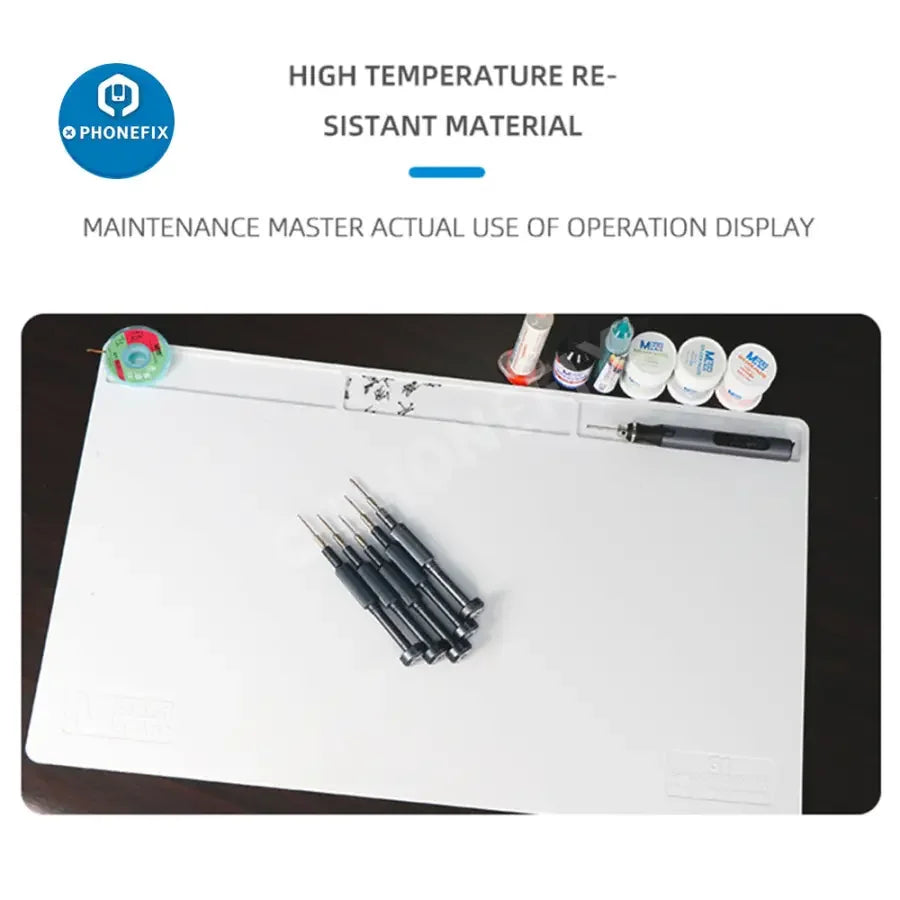 Blue PHONEFIX MaAnt G1 maintenance silicone pad for phone soldering, used as a working platform for precision electronics repair.