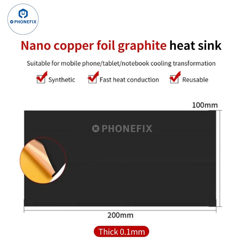 Copper foil graphene heatsink thermal pad for phone CPU cooling, used as a soldering mat by PHONEFIX for electronic repairs.
