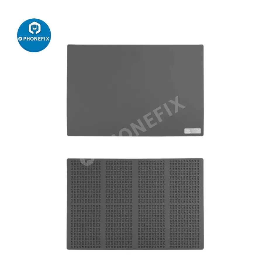 Large dark blue PHONEFIX OSS TEAM soldering mat, high-temperature resistant silicone pad for electronics work and heat protection.