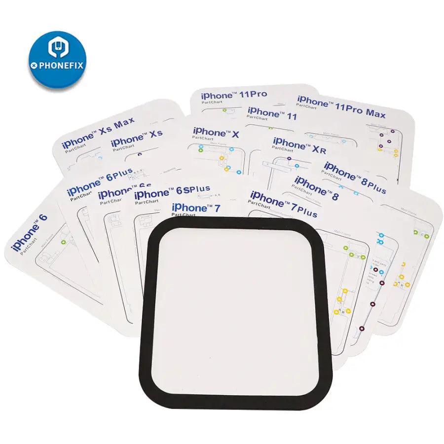 PhoneFix magnetic screw mat work guide chart for iPhone 6 to 15 Pro Max, used for soldering and repair work.