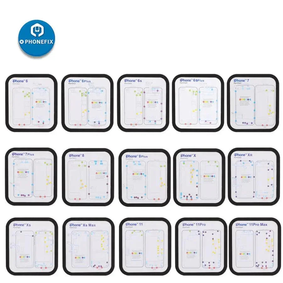 PhoneFix magnetic screw mat work guide chart for iPhone 6 to 15 Pro Max, soldering mat with labeled compartments for repair.