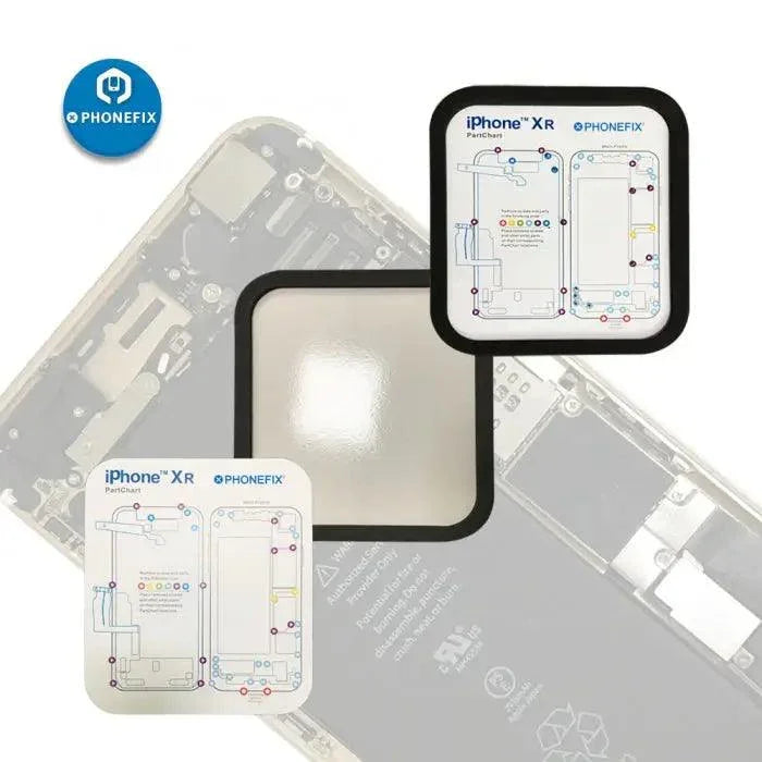 PhoneFix magnetic screw mat work guide chart for iPhone 6 to 15 Pro Max, soldering mat for phone repair and screw organization.