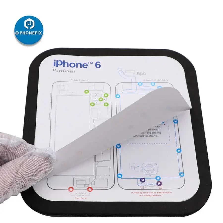 PHONEFIX magnetic screw mat work guide chart for iPhone 6-15 Pro Max, a soldering mat with magnetic screw holder and repair aid.