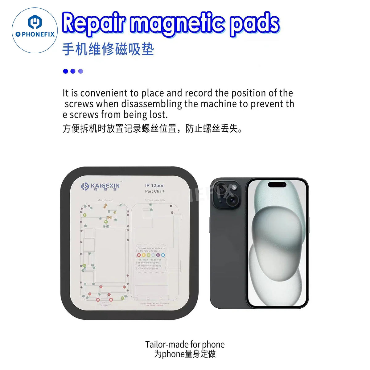 PHONEFIX magnetic screw mat work guide chart for iPhone 6 to 15 Pro Max, soldering mat with magnetic screw organizer and repair guide