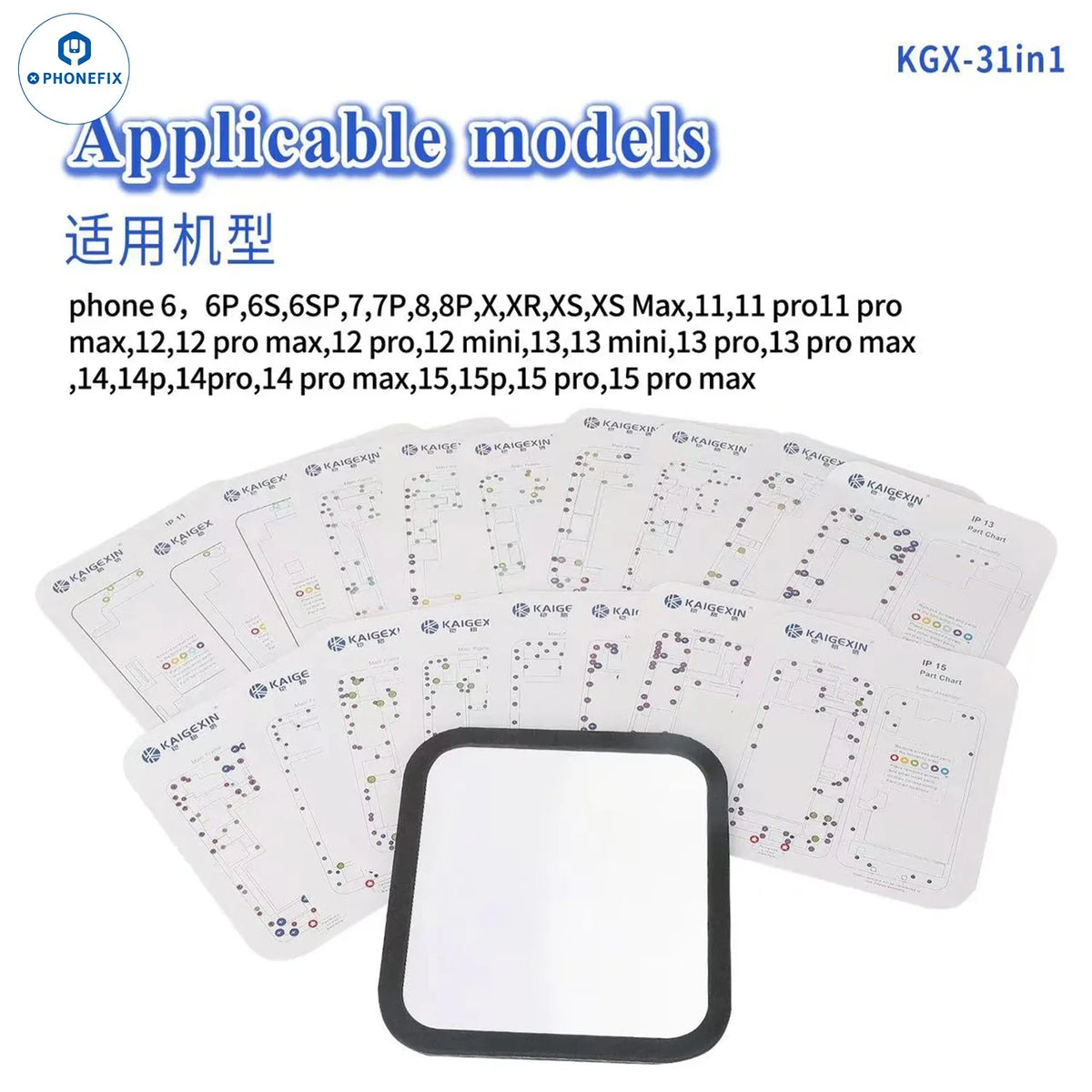 PHONEFIX magnetic screw mat work guide chart for iPhone 6-15 Pro Max, used for soldering and screw placement during repairs.