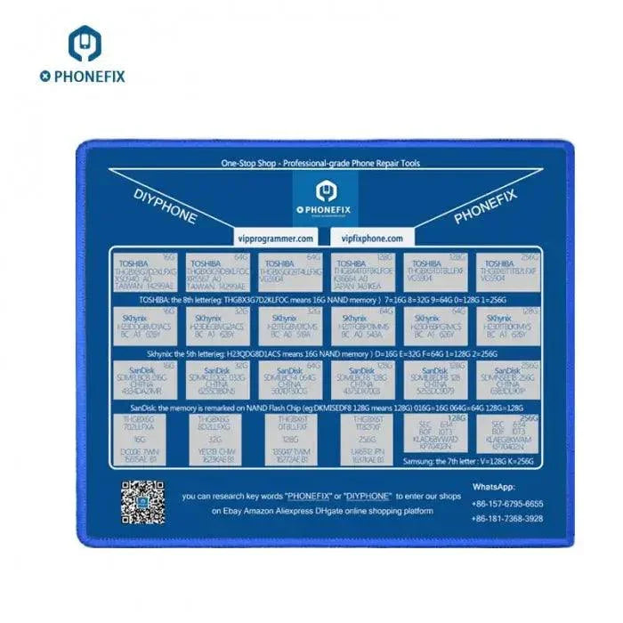 PhoneFix soldering mouse pad with iPhone NAND memory capacity lookup table, featuring a durable, printed silicone mat for electronics work.