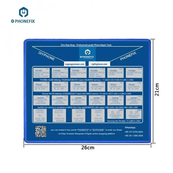 PhoneFIX soldering mouse pad with iPhone NAND memory capacity lookup table, featuring a durable surface and detailed memory info.