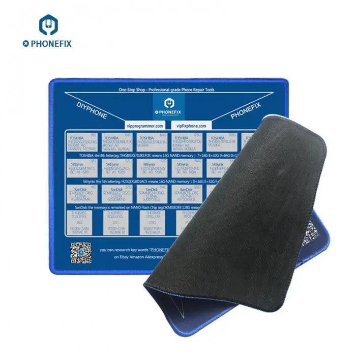 PhoneFix soldering mouse pad with iPhone NAND memory capacity lookup table, designed for precise soldering and data reference.