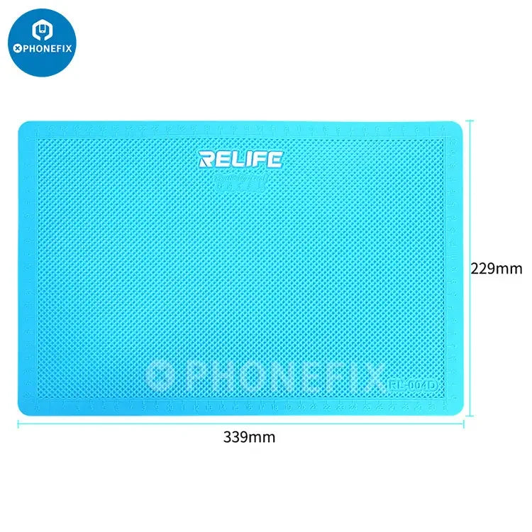 Relife RL-004D silicone soldering mat for mobile phone repair, designed by PhoneFix, provides heat-resistant support for electronics.