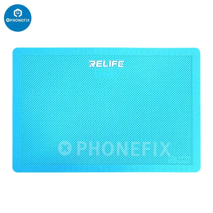 PhoneFix RELIFE RL-004D silicone soldering mat with protective pads for mobile phone repair and film handling.