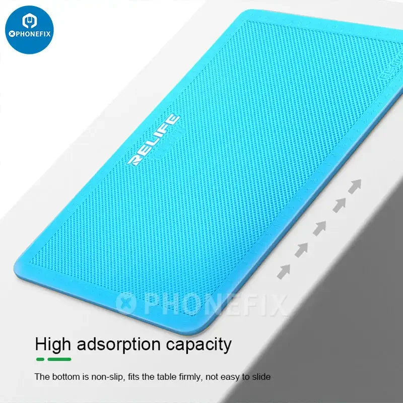 PhoneFix RELIFE RL-004D silicone soldering mat for mobile phone repair, with heat-resistant surface and precise application area.