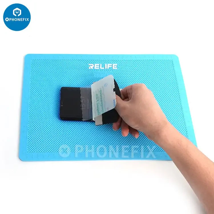 Phonefix RELIFE RL-004D silicone soldering mat for mobile phone repair, featuring heat-resistant surface and anti-slip design.
