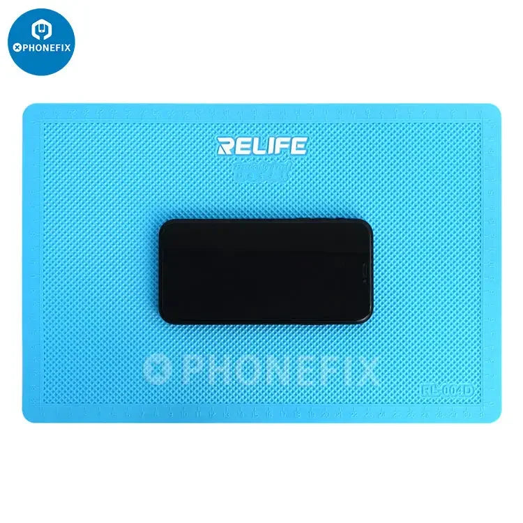 PhoneFix RELIFE RL-004D silicone soldering mat with special silicone pad for mobile phone repair, shown with tools on the mat.
