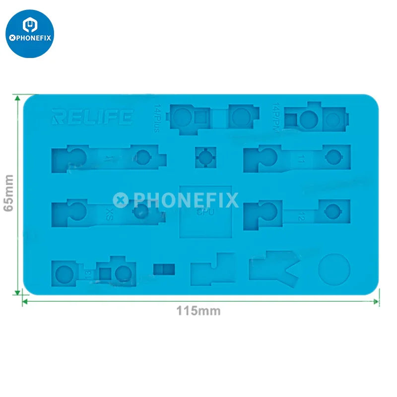 Relife RL-004FB Camera Face ID Repair Silicone Pad for iPhone on PHONEFIX soldering mat, used for phone repair and face ID component installation