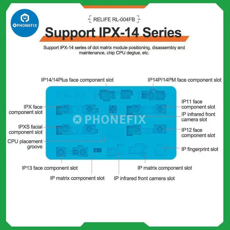 Relife RL-004FB camera face ID repair silicone pad for iPhone on soldering mat with PHONEFIX branding