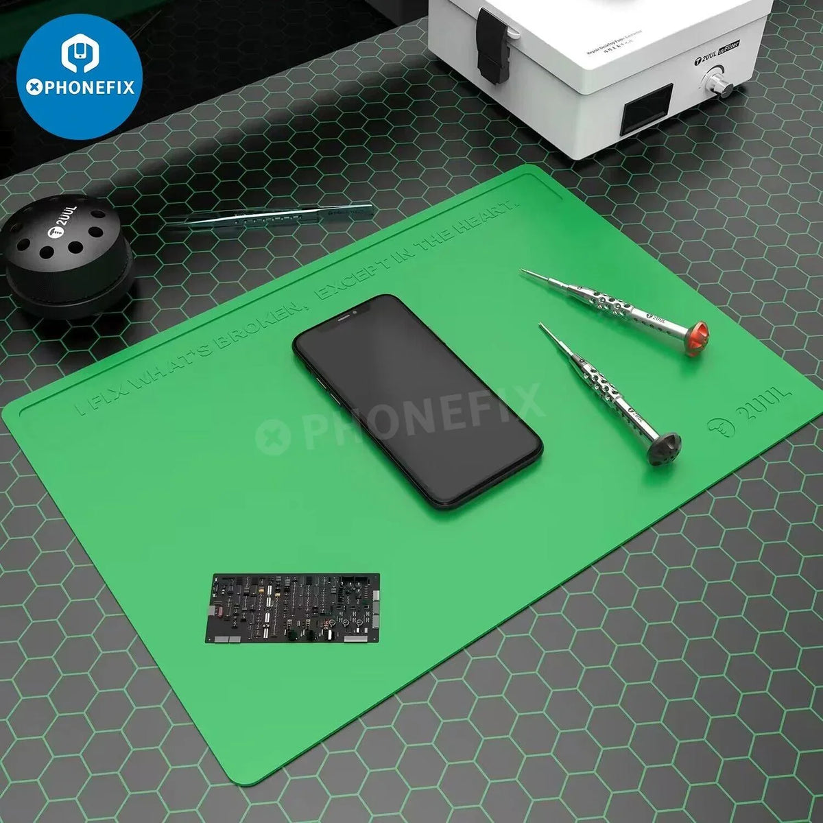 PhoneFix 2UUL heat insulation silicone soldering mat with anti-dust coating, flexible, heat-resistant work surface for electronics repair.