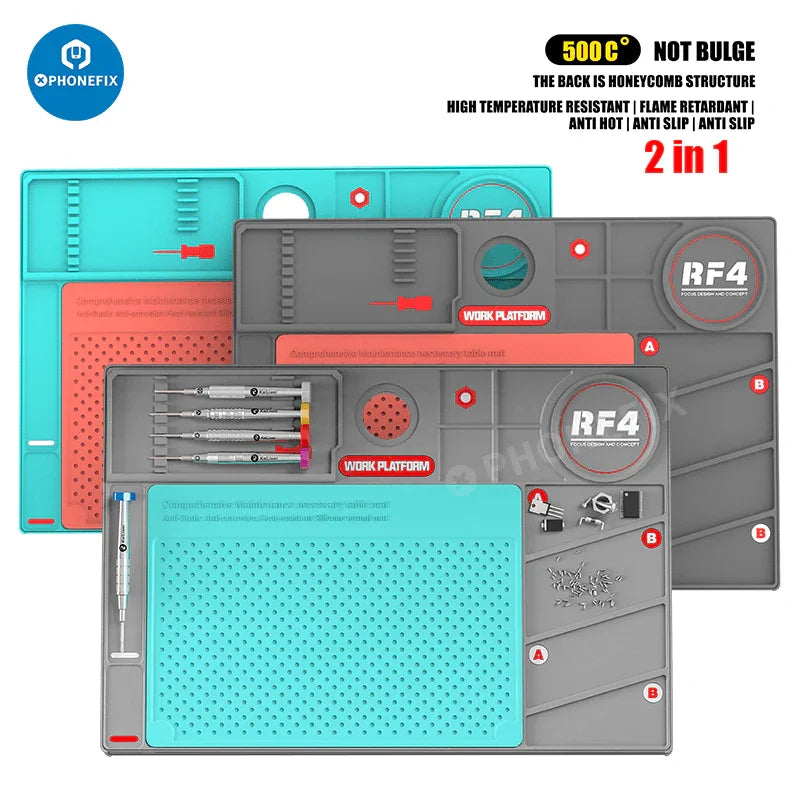 Gray RF4 Heat Insulation Silicone Pad Soldering Mat by PHONEFIX with microscope base for phone and PC repair.