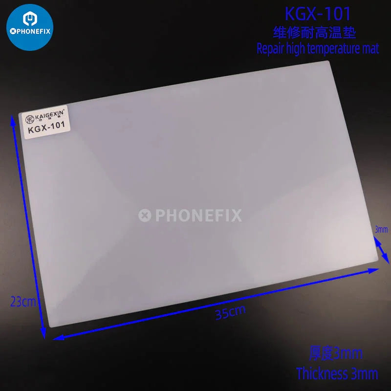 PhoneFix heat-resistant silicone soldering mat on desk, insulated for soldering and repair work, with a textured surface.