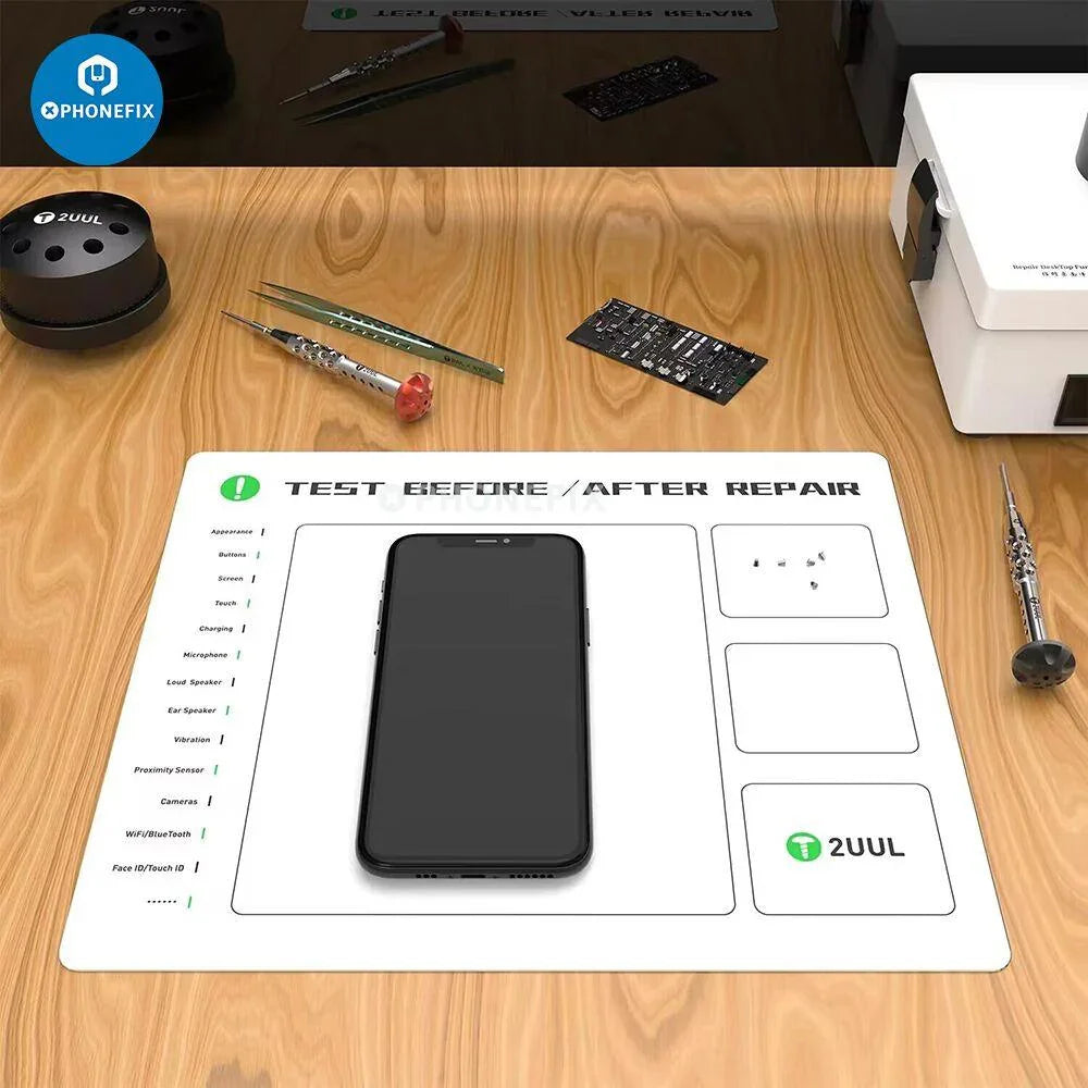 PHONEFIX 2UUL magnetic soldering project mat with screw pad and tool storage for organizing electronics repair accessories.
