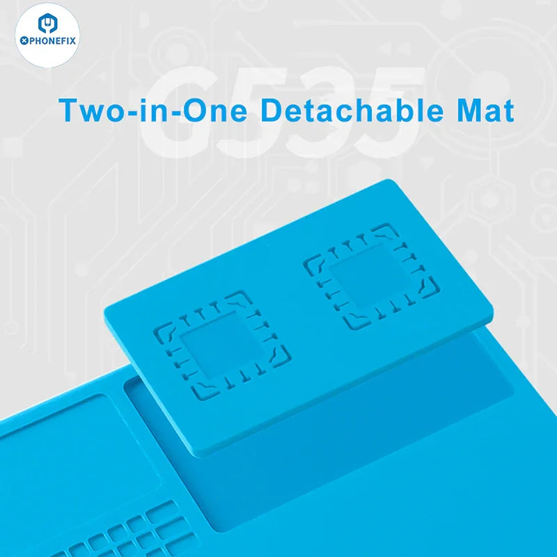 PHONEFIX high-temperature soldering mat with detachable silicone insulation pad, heat-resistant and flexible for safe workspace protection.