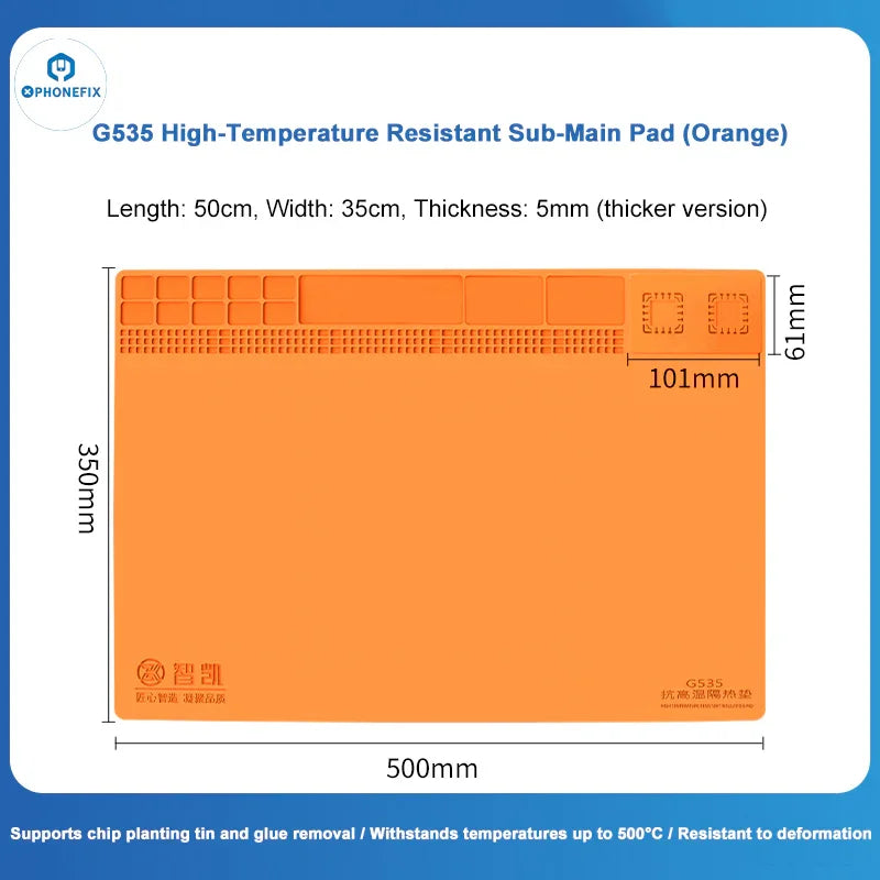 PhoneFix high-temperature soldering mat with a 2-in-1 detachable silicone insulation pad, showing its heat-resistant surface and flexible design.