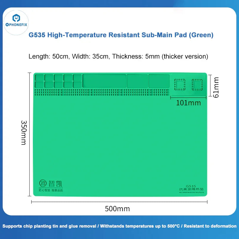PhoneFix high-temperature soldering mat with detachable silicone insulation pad, featuring a textured surface and heat-resistant material.