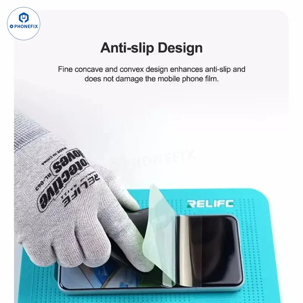 PhoneFix RELIFE RL-004DM soldering mat with anti-slip pad designed for mobile phone repair and soldering tasks.