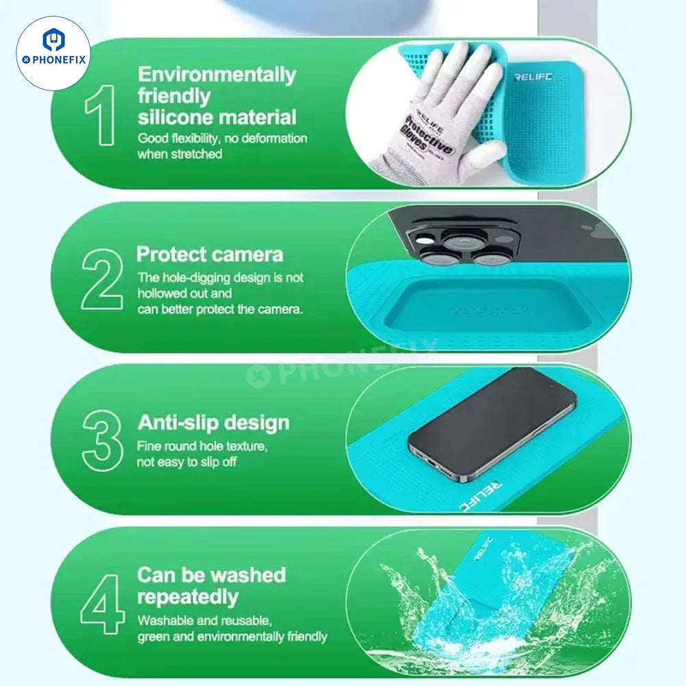 PhoneFix RELIFE RL-004DM soldering mat with anti-slip pad for mobile phone repairs, durable heat-resistant work surface.