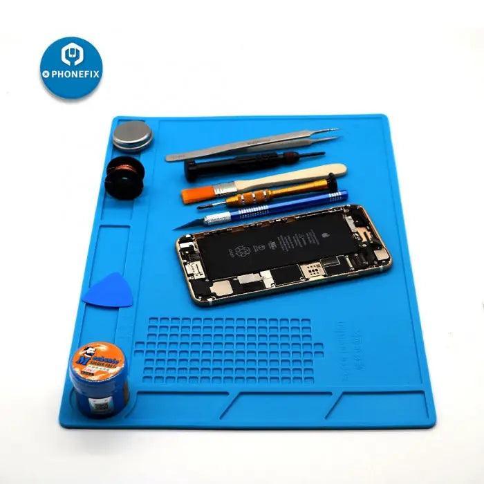 Heat-resistant silicone soldering mat from PHONEFIX, antistatic desk pad with heat resistance for electronics work.