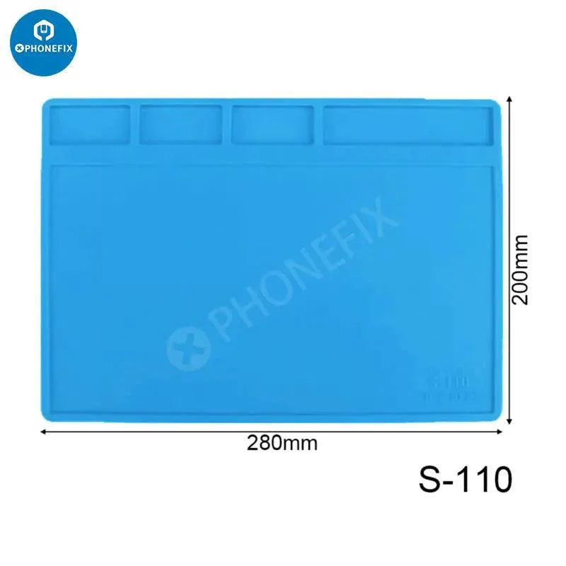 PhoneFix heat-resistant silicone soldering mat with antistatic surface, measuring 28x20cm, used as a desk pad and soldering platform.
