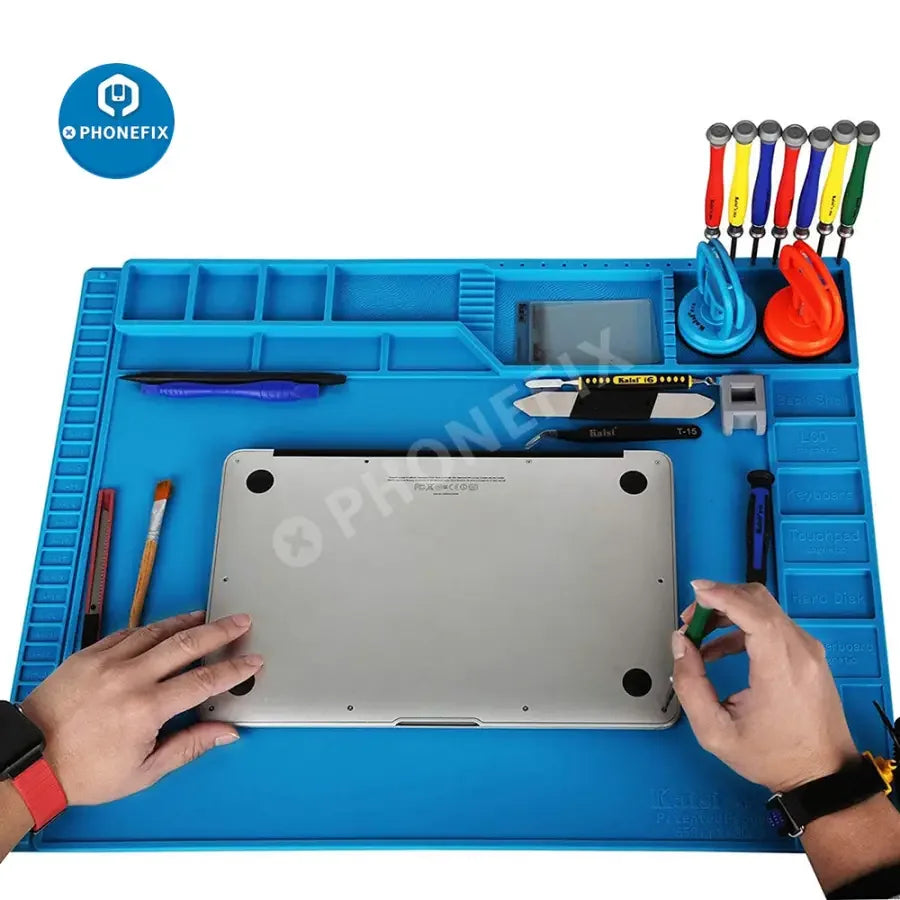 Silicone soldering mat with magnetic work parts for phone repair, featuring organized compartments for tools and components.