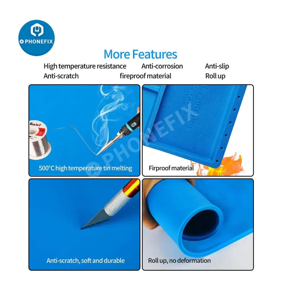 Silicone soldering mat with magnetic work parts for phone repair, featuring organized compartments and flexible surface from PHONEFIX.
